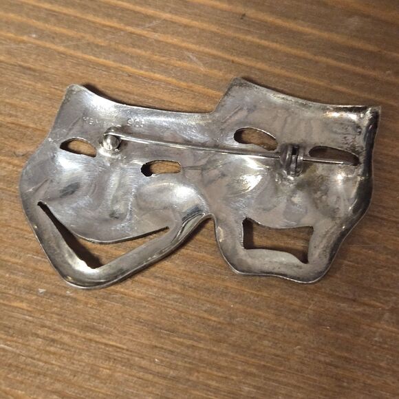 Silver Tragedy Comedy Theatre Masks Pin Brooch, Vintage Mexico 925 Sterling - Picture 2 of 4